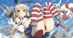 Rule 34 | &gt; &lt;, 10s, 1girl, anchor, anchor hair ornament, black panties, blonde hair, blush, boots, breasts, closed eyes, covering breasts, covering privates, elbow gloves, gloves, green eyes, grey footwear, hair ornament, hairband, innertube, kani biimu, kantai collection, long hair, looking at viewer, panties, personification, rensouhou-chan, shimakaze (kancolle), skindentation, skirt, small breasts, solo, striped clothes, striped thighhighs, swim ring, tears, thighhighs, torn clothes, underwear, white gloves