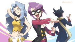 Rule 34 | 1girl, 2boys, :d, artist name, black hair, black vest, breasts, coin, commentary request, creatures (company), eye mask, eyelashes, game freak, grey eyes, grimsley (pokemon), hand on own hip, highres, holding, holding coin, jacket, karen (pokemon), long hair, long sleeves, momoji (lobolobo2010), multiple boys, navel, nintendo, open mouth, pokemon, pokemon bw, pokemon hgss, purple hair, scarf, smile, tongue, vest, watermark, will (pokemon), yellow scarf