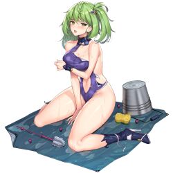 Rule 34 | 1girl, blue footwear, blue one-piece swimsuit, blush, boots, breasts, bucket, c.honey, cleaning brush, clothing cutout, collarbone, covering privates, defeat, full body, game cg, gloves, green eyes, high heel boots, high heels, highres, last origin, looking at viewer, lower teeth only, medium breasts, medium hair, messy hair, mole, mole under eye, navel, navel cutout, official alternate costume, official art, one-piece swimsuit, one side up, open mouth, phoenix (last origin), simple background, sitting, solo, sponge, swimsuit, tachi-e, tarpaulin, teeth, third-party source, tongue, torn boots, torn clothes, torn gloves, torn swimsuit, transparent background, wariza, wet