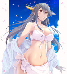 Rule 34 | 1girl, barefoot, bikini, breasts, cleavage, collarbone, commentary, from below, grey hair, hair ornament, hairclip, haruna (kancolle), headgear, hood, hooded sweater, kantai collection, large breasts, long hair, map (blue catty), midriff, navel, off shoulder, official alternate costume, petals, sarong, smile, solo, sweater, swimsuit, white bikini, white sarong, white sweater