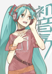 Rule 34 | 1girl, aqua eyes, aqua hair, bad id, bad pixiv id, belt, character name, choker, hand on own chest, hatsune miku, headphones, highres, long hair, musical note, musical note print, nao (syn eaa), open mouth, solo, twintails, very long hair, vocaloid