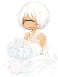 Rule 34 | 1girl, :d, bare shoulders, blush, bouquet, bridal gauntlets, cyclops, dark skin, dark-skinned female, dress, closed eyes, flower, highres, one-eyed, open mouth, original, rose, shima (sh1mamu), signature, simple background, sketch, smile, solo, thick eyebrows, twitter username, upper body, wedding dress, white background, white hair