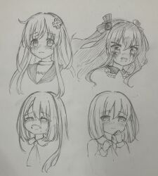 4girls blush closed_eyes crying hair_ribbon highres long_hair looking_at_viewer monochrome multiple_girls nepgear neptune_(series) open_mouth ram_(neptunia) ribbon rom_(neptunia) short_hair sketch teasing tongue traditional_media twintails uni_(neptunia)