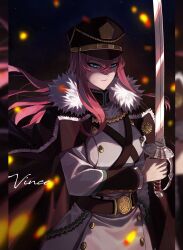 Rule 34 | 1girl, black clover, blue eyes, breasts, cape, hat, highres, large breasts, long hair, pink hair, princia funnybunny, solo, sword, uniform, weapon