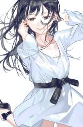 Rule 34 | 1girl, arms up, aspara, black hair, collarbone, dress, grey eyes, half-closed eyes, hands in hair, highres, leg up, long hair, looking to the side, open mouth, original, sash, simple background, smile, solo, teeth, walking, white background, white dress, wind