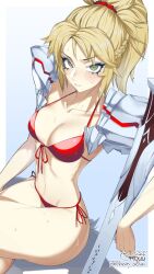 Rule 34 | 1girl, adapted costume, armor, bikini, blonde hair, braid, clarent (fate), crossed legs, crown braid, dated, fate (series), green eyes, mordred (fate), orouu, planted, planted sword, planted weapon, ponytail, red bikini, shoulder armor, signature, sitting, solo, swimsuit, sword, weapon