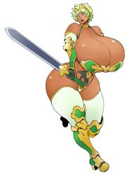 Rule 34 | +thighs, 1girl, armor, bikini armor, blush, breasts, brown eyes, cleavage, curvy, dark-skinned female, dark skin, female focus, full body, gigantic breasts, green hair, looking at viewer, navel, open mouth, sasaki tatsuya, short hair, solo, standing, sword, thick thighs, thighhighs, thighs, tongue, weapon, wide hips