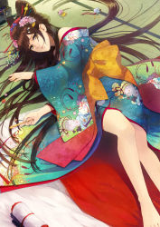 Rule 34 | 1girl, bare legs, bare shoulders, barefoot, brown hair, double bun, dutch angle, fingernails, floral print, flower, hair bun, hair flower, hair ornament, hair stick, hairpin, headdress, highres, japanese clothes, juuya, kimono, lips, lipstick, long hair, looking at viewer, lying, makeup, multicolored eyes, oiran, on side, original, purple eyes, scroll, smile, solo, tatami, wide sleeves, yellow eyes