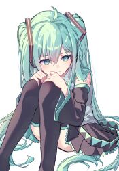 Rule 34 | 1girl, absurdres, aqua eyes, aqua hair, arm tattoo, black skirt, black sleeves, black thighhighs, closed mouth, detached sleeves, feet out of frame, hair between eyes, hands on own knees, hatsune miku, headphones, highres, kurobikari, long hair, looking down, miniskirt, number tattoo, pleated skirt, simple background, sitting, sketch, skirt, solo, tattoo, thighhighs, twintails, very long hair, vocaloid, white background, zettai ryouiki