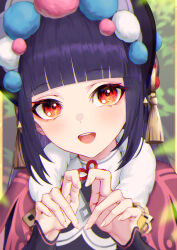 Rule 34 | 1girl, absurdres, black hair, blunt bangs, bonnet, capelet, cavcaz, collar, commentary, fur collar, genshin impact, hands up, heart, heart hands, highres, long hair, long sleeves, open mouth, pink capelet, portrait, red eyes, smile, solo, teeth, upper teeth only, white collar, yun jin (genshin impact)