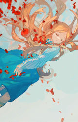 Rule 34 | 1girl, apple, bad id, bad twitter id, blue overalls, blue ribbon, blue sky, ciloranko, closed eyes, commentary request, dutch angle, falling petals, food, from below, fruit, highres, long hair, long sleeves, mawaru penguindrum, open mouth, orange hair, overalls, petals, ribbon, shirt, sky, smile, socks, solo, standing, striped clothes, striped shirt, swept bangs, takakura himari, very long hair, white shirt, yellow socks