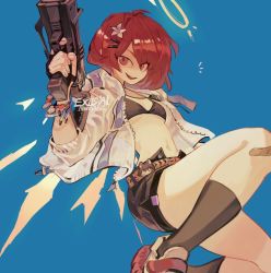 Rule 34 | 1girl, arknights, artist name, belt, black bra, black socks, blue background, bra, breasts, character name, exusiai (arknights), eyes visible through hair, flower, gun, hair between eyes, hair flower, hair ornament, holding, holding gun, holding weapon, jacket, jewelry, legs, long sleeves, looking at viewer, medium hair, moonagvaze, necklace, open mouth, red eyes, red hair, shoes, shorts, simple background, small breasts, smile, sneakers, socks, solo, teeth, trigger discipline, underwear, weapon, white jacket, wristband