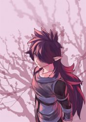 Rule 34 | 1boy, branch, expressionless, fengxi (the legend of luoxiaohei), hair over one eye, long hair, long sleeves, looking at viewer, pointy ears, purple hair, purple theme, rkp, solo, luo xiaohei zhanji, upper body