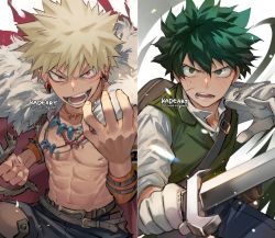 Rule 34 | 2boys, abs, bakugou katsuki, bare pectorals, belt, blonde hair, boku no hero academia, earrings, fighting stance, freckles, gloves, green eyes, green hair, holding, holding sword, holding weapon, jewelry, kadeart, looking at viewer, male focus, midoriya izuku, multiple belts, multiple boys, multiple necklaces, open mouth, pectorals, red eyes, scratches, short hair, spiked hair, sword, toned, toned male, twitter username, v-shaped eyebrows, weapon, white gloves