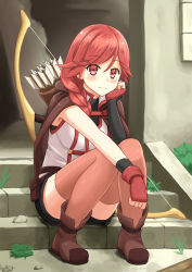 Rule 34 | 10s, 1girl, arrow (projectile), bow (weapon), braid, bush, closed mouth, eyebrows, fingerless gloves, full body, gloves, grass, hai to gensou no grimgar, hair between eyes, hair over shoulder, highres, kurisu-kun, long hair, long legs, looking at viewer, plant, quiver, red eyes, red gloves, red hair, rock, shorts, single braid, sitting, sleeveless, smile, solo, stairs, thighhighs, wall, weapon, yume (grimgar)
