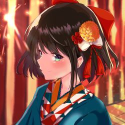 Rule 34 | 1girl, absurdres, backlighting, bad id, bad pixiv id, blue kimono, blush, bow, brown hair, closed mouth, commentary, evening, flower, from side, green eyes, hair bow, hair flower, hair ornament, highres, hololive, japanese clothes, kanzashi, kimono, light rays, looking at viewer, mihanada kasumi, official alternate costume, oozora subaru, oozora subaru (new year), red bow, short hair, smile, solo, standing, sunbeam, sunlight, upper body, virtual youtuber
