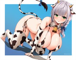 Rule 34 | 1girl, adapted costume, all fours, animal ears, animal print, ass, bare shoulders, bell, bikini, blue background, blush, breasts, bridal gauntlets, butt crack, cow ears, cow girl, cow horns, cow print, cow print bikini, cow tail, female focus, full body, green eyes, grey hair, hanging breasts, hololive, horns, huge breasts, large breasts, long hair, looking at viewer, marota, mole, mole on breast, print bikini, shirogane noel, shirogane noel (casual), sideboob, simple background, smile, solo, swimsuit, tail, thighhighs, toeless footwear, tongue, tongue out, virtual youtuber