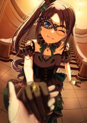 1girl ;3 black_dress black_gloves black_hair blue_eyes breasts corset dress earrings facing_viewer fisheye frills gloves highres holding_hands idolmaster idolmaster_shiny_colors jewelry mask mitsumine_yuika one_eye_closed pov reg4lun ring side_ponytail signature small_breasts stairs