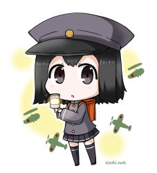 Rule 34 | 10s, 1girl, aircraft, airplane, akitsu maru (kancolle), artist name, backpack, bad id, bad pixiv id, bag, black hair, black hat, black skirt, black thighhighs, blush, brown eyes, chibi, coat, commentary request, floating, floating object, full body, glowing, grey coat, hat, helicopter, kantai collection, long sleeves, noai nioshi, peaked cap, pleated skirt, randoseru, short hair, skirt, solo, standing, tareme, thighhighs, two-tone background, zettai ryouiki
