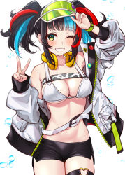 Rule 34 | 1girl, arm up, armpits, bare shoulders, bikini, bikini top only, black hair, black shorts, blue hair, blush, breasts, chiyosuke (nosuke21), cleavage, cowboy shot, fate/grand order, fate (series), green hat, grin, hand up, hat, headphones, headphones around neck, highres, jacket, large breasts, long hair, long sleeves, looking at viewer, multicolored hair, navel, off shoulder, one eye closed, open clothes, open jacket, red hair, sei shounagon (fate), sei shounagon (swimsuit berserker) (fate), short shorts, shorts, sidelocks, smile, solo, stomach, swimsuit, thigh strap, thighs, twintails, two-tone hair, v, visor cap, white bikini, white jacket, yellow eyes