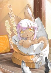 Rule 34 | 1other, animal ears, bag, blush, brown fur, character name, commentary request, furry, horizontal pupils, in bag, in container, light particles, looking at viewer, made in abyss, made in abyss runes, midori no iruka, nanachi (made in abyss), nose blush, nude, other focus, paper bag, parted lips, purple hair, short hair, solo, tail, tongs, translation request, triangle mouth, whiskers, yellow eyes