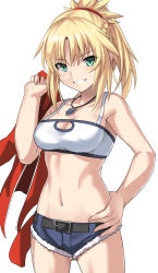 Rule 34 | &gt;:), 1girl, bandeau, bare arms, bare shoulders, blonde hair, blush, breasts, cleavage, cowboy shot, cutoffs, fate/apocrypha, fate (series), green eyes, grin, jacket, unworn jacket, jewelry, looking at viewer, medium breasts, midriff, mordred (fate), mordred (fate/apocrypha), mordred (memories at trifas) (fate), navel, necklace, ponytail, shiseki hirame, short shorts, shorts, smile, solo, stomach, v-shaped eyebrows