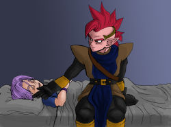 Rule 34 | 2boys, alien, bed, belt, child, closed eyes, dragon ball, dragonball z, drooling, gloves, indoors, male focus, mohawk, multiple boys, on bed, parted bangs, pillow, pointy ears, purple hair, red hair, sitting, sleeping, tapion, trunks (dragon ball)