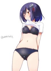 Rule 34 | 10s, 1girl, arms behind back, black hair, blush, bra, breasts, brown eyes, cleavage, clothes lift, haguro (kancolle), hair ornament, kantai collection, looking to the side, mouth hold, nanasuke, navel, orange eyes, panties, purple hair, shirt, shirt lift, short hair, short sleeves, solo, standing, twitter username, underwear, white background