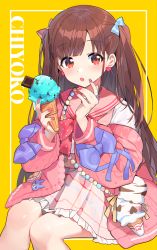 Rule 34 | 1girl, :o, banned artist, blue bow, bow, brown hair, character name, commentary request, earrings, fingernails, food, hair bow, heart, heart earrings, highres, holding, holding food, ice cream, idolmaster, idolmaster shiny colors, jewelry, long hair, long sleeves, looking at viewer, nail polish, pink skirt, pink sweater, plaid, plaid skirt, red bow, red eyes, red nails, sake dong, school uniform, serafuku, sitting, skirt, solo, sonoda chiyoko, sweater, twitter username, two side up, yellow background