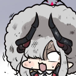 Rule 34 | 1girl, afro, black horns, black necktie, blank eyes, blue archive, blush stickers, collared shirt, demon horns, gradient background, grey hair, hair over one eye, halo, horns, jazz jack, long hair, lowres, makoto (blue archive), motion lines, necktie, open mouth, pointy ears, portrait, shirt, solo, white shirt