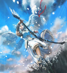 Rule 34 | 1girl, armor, armored dress, bad id, bad pixiv id, bow, braid, cloud, flower, lenneth valkyrie, long hair, shimabara, silver hair, sky, valkyrie profile (series), weapon, wings