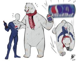 Rule 34 | bear, bodysuit, bottle, can, coca-cola, geryghosty, highres, pepsi, pepsiman, pepsiman (game), polar bear, riding, scarf, simple background, standing, white background