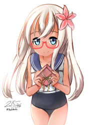 Rule 34 | 10s, 1girl, 2015, bad id, bad pixiv id, bespectacled, blonde hair, blue eyes, box, dated, gift, gift box, glasses, kantai collection, long hair, nekobaka, ro-500 (kancolle), school swimsuit, school uniform, serafuku, solo, swimsuit, swimsuit under clothes, tan, tanline, thighs, twitter username, valentine
