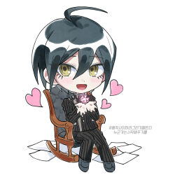 Rule 34 | 1boy, :d, ahoge, black hair, blush, brown eyes, buttons, chair, danganronpa (series), danganronpa v3: killing harmony, hair between eyes, haji (hajimaji), heart, jacket, long sleeves, male focus, open mouth, own hands together, pants, paper, saihara shuichi, shoes, short hair, simple background, sitting, smile, striped clothes, striped jacket, striped pants, translation request, white background
