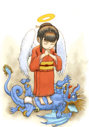 Rule 34 | 1girl, angel wings, brown hair, claws, closed eyes, hair ornament, hairpin, halo, highres, horns, japanese clothes, kimono, own hands clasped, own hands together, praying, skull, tail, tenji sanmon, wings