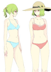 Rule 34 | 1girl, alternate hairstyle, arms at sides, arms behind back, bikini, blue bikini, breasts, cleavage, contrapposto, facing to the side, flower, from side, hair flower, hair ornament, hat, hat flower, kazami yuuka, light blush, looking at viewer, looking away, medium breasts, multiple views, navel, ponytail, red bikini, red eyes, short hair, short ponytail, straw hat, sunflower, sunflower hair ornament, swimsuit, thighs, tohoyuukarin, touhou, white background