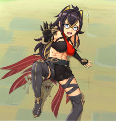 Rule 34 | 1girl, absurdres, bare shoulders, black gloves, black hair, black shorts, black thighhighs, blonde hair, blue eyes, breasts, commentary request, criss-cross halter, dehya (genshin impact), fingerless gloves, foot out of frame, genshin impact, gloves, hair between eyes, halterneck, highres, large breasts, long hair, luizhtx, midriff, multicolored hair, navel, open mouth, pointy hair, short shorts, shorts, solo, stomach, streaked hair, thighhighs, very long hair