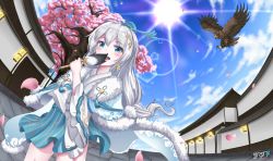 Rule 34 | 1girl, architecture, bird, blue eyes, blue sky, byeoljagga, cherry blossoms, chinese clothes, cloud, cloudy sky, commission, earrings, east asian architecture, hair between eyes, hair ornament, hand fan, hawk, highres, holding, holding fan, honkai (series), honkai impact 3rd, jewelry, lantern, looking at viewer, open mouth, outdoors, petals, sky, solo, sun, teeth, theresa apocalypse, zhuge kongming (honkai impact), tree, white hair, zhuge kongming (honkai impact)