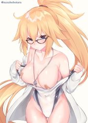 Rule 34 | 1girl, bandaid, bandaids on nipples, bikini, black-framed eyewear, blonde hair, blue eyes, breasts, commentary request, competition swimsuit, fate/grand order, fate (series), front-tie bikini top, front-tie top, hood, hooded jacket, jacket, jeanne d&#039;arc (fate), jeanne d&#039;arc (ruler) (fate), jeanne d&#039;arc (swimsuit archer) (fate), jeanne d&#039;arc (swimsuit archer) (second ascension) (fate), large breasts, long hair, looking at viewer, one-piece swimsuit, open clothes, open jacket, pasties, ponytail, shrug (clothing), solo, suzuho hotaru, swimsuit, twitter username, whistle, whistle around neck, white jacket, white one-piece swimsuit
