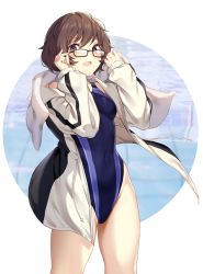 Rule 34 | 1girl, :d, adjusting eyewear, akiyama yukari, black-framed eyewear, blue one-piece swimsuit, breasts, brown eyes, brown hair, commentary request, competition swimsuit, covered navel, cowboy shot, girls und panzer, glasses, hands up, highleg, highleg swimsuit, highres, icomochi, jacket, long sleeves, looking at viewer, medium breasts, one-piece swimsuit, open clothes, open jacket, open mouth, short hair, skin tight, smile, solo, swimsuit, swimsuit under clothes, thighs, towel, towel around neck, track jacket, white jacket