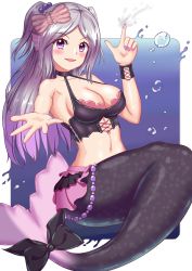Rule 34 | 1girl, :d, air bubble, bad id, bad pixiv id, bare shoulders, bikini, bikini top only, black bikini, black choker, blue background, blush, bow, breasts, bubble, choker, cleavage, collarbone, commentary request, fins, full body, gradient hair, halterneck, head fins, highres, index finger raised, jewelry, large breasts, long hair, looking at viewer, mermaid, midriff, monster girl, multicolored hair, nail polish, navel, open mouth, original, outstretched arm, parted bangs, pearl hair ornament, pink skirt, purple eyes, purple hair, purple nails, shell hair ornament, sidelocks, skirt, smile, solo, split tail, swimsuit, tail, tail bow, tail ornament, two side up, white background, wristband, yukimura chisa