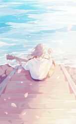 Rule 34 | 1boy, blonde hair, falling petals, guitar, highres, holding, holding instrument, instrument, light, medium hair, original, outdoors, petals, shirt, short sleeves, shorts, sitting, sitting on stairs, solo, stairs, water, white shirt, yuribou
