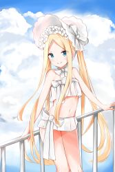 Rule 34 | 1girl, abigail williams (fate), abigail williams (swimsuit foreigner) (fate), abigail williams (swimsuit foreigner) (third ascension) (fate), absurdres, bare arms, bare shoulders, bikini, blonde hair, blue eyes, blue sky, bonnet, bow, closed mouth, cloud, cloudy sky, commentary request, day, eyes visible through hair, fate/grand order, fate (series), female focus, forehead, hair bow, hair ornament, highres, long hair, navel, outdoors, parted bangs, railing, sky, smile, solo, swimsuit, very long hair, white bikini, white bow, white headwear, yukaa