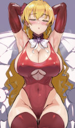 Rule 34 | 1girl, armpits, arms behind head, arms up, between legs, blonde hair, blush, bow, bowtie, breasts, breath, bright pupils, choker, claire harvey, cleavage, closed eyes, clothing cutout, covered erect nipples, covered navel, cushion, flower, hair flower, hair ornament, highleg, highleg swimsuit, huge breasts, hundred (light novel), long hair, one-piece swimsuit, ookuma nekosuke, parted lips, pillow, red sweater, red thighhighs, shiny clothes, sideboob, sitting, solo, sweat, sweater, swimsuit, thighhighs, thighs, underboob, underboob cutout, wavy hair, white bow, white bowtie, white pupils