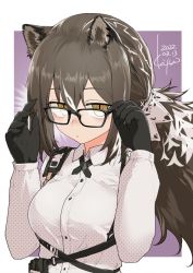 Rule 34 | 1girl, animal ears, arknights, bespectacled, black-framed eyewear, black skin, blush, border, breasts, brown hair, closed mouth, collared shirt, colored skin, commentary request, cross tie, dated, freckles, glasses, hands up, kiyu (queue), long hair, long sleeves, looking at viewer, medium breasts, multicolored hair, nose blush, outside border, polka dot, polka dot shirt, ponytail, purple background, raccoon ears, ringed eyes, robin (arknights), shirt, signature, simple background, solo, streaked hair, two-tone hair, upper body, white border, white hair, white shirt, yellow eyes