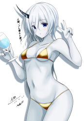 Rule 34 | 1girl, abataa, absurdres, abyssal ship, alternate costume, bikini, black nails, blue eyes, breasts, collarbone, colored skin, cowboy shot, cup, drinking glass, gold bikini, hair between eyes, highres, holding, holding cup, horns, kantai collection, long hair, medium breasts, navel, ne-class heavy cruiser, single horn, solo, standing, swimsuit, translation request, v, very long hair, white background, white hair, white skin