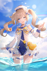 Rule 34 | :d, absurdres, arm at side, babydoll, barbara (genshin impact), barbara (summertime sparkle) (genshin impact), bare shoulders, bird, blonde hair, blue choker, blue eyes, blue one-piece swimsuit, blue sky, breasts, choker, cloud, cowboy shot, detached sleeves, drill hair, duck, frilled babydoll, genshin impact, h1910984490, hand up, highres, long hair, looking at viewer, medium breasts, official alternate costume, one-piece swimsuit, open mouth, partially underwater shot, rainbow, ringlets, sky, smile, swimsuit, swimsuit under clothes, teeth, thigh strap, thighs, twin drills, two-tone bow, upper teeth only, wading, water, white headwear, white sleeves
