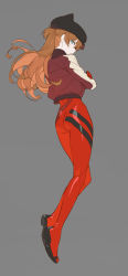 Rule 34 | 1girl, ass, back, bodysuit, crossed arms, evangelion: 3.0 you can (not) redo, floating hair, grey background, hat, highres, jacket, looking at viewer, looking back, looking to the side, neon genesis evangelion, plugsuit, rebuild of evangelion, red bodysuit, shiny clothes, solo, souryuu asuka langley, standing, timbougami, wide hips