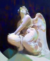 Rule 34 | 1girl, angel, bare shoulders, closed mouth, commentary, dark background, dress, english commentary, faux traditional media, feathered wings, full body, highres, long hair, looking up, marble (stone), marble sculpture, original, solo, squatting, statue, white dress, white wings, wings, yuming li