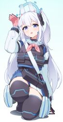 Rule 34 | 1girl, animal ears, arm up, black gloves, black thighhighs, blue archive, blue eyes, blue hair, blue halo, blue skirt, blush, bulletproof vest, commentary, earpiece, fake animal ears, gloves, hair between eyes, halo, highres, light blue hair, long hair, long sleeves, looking at viewer, miyako (blue archive), neckerchief, one side up, open mouth, pink gloves, pink neckerchief, pleated skirt, puffy long sleeves, puffy sleeves, rabbit ears, rabbit pose, sailor collar, simple background, skirt, solo, squatting, symbol-only commentary, thighhighs, tochi keisuke, two-tone gloves, white background, white sailor collar